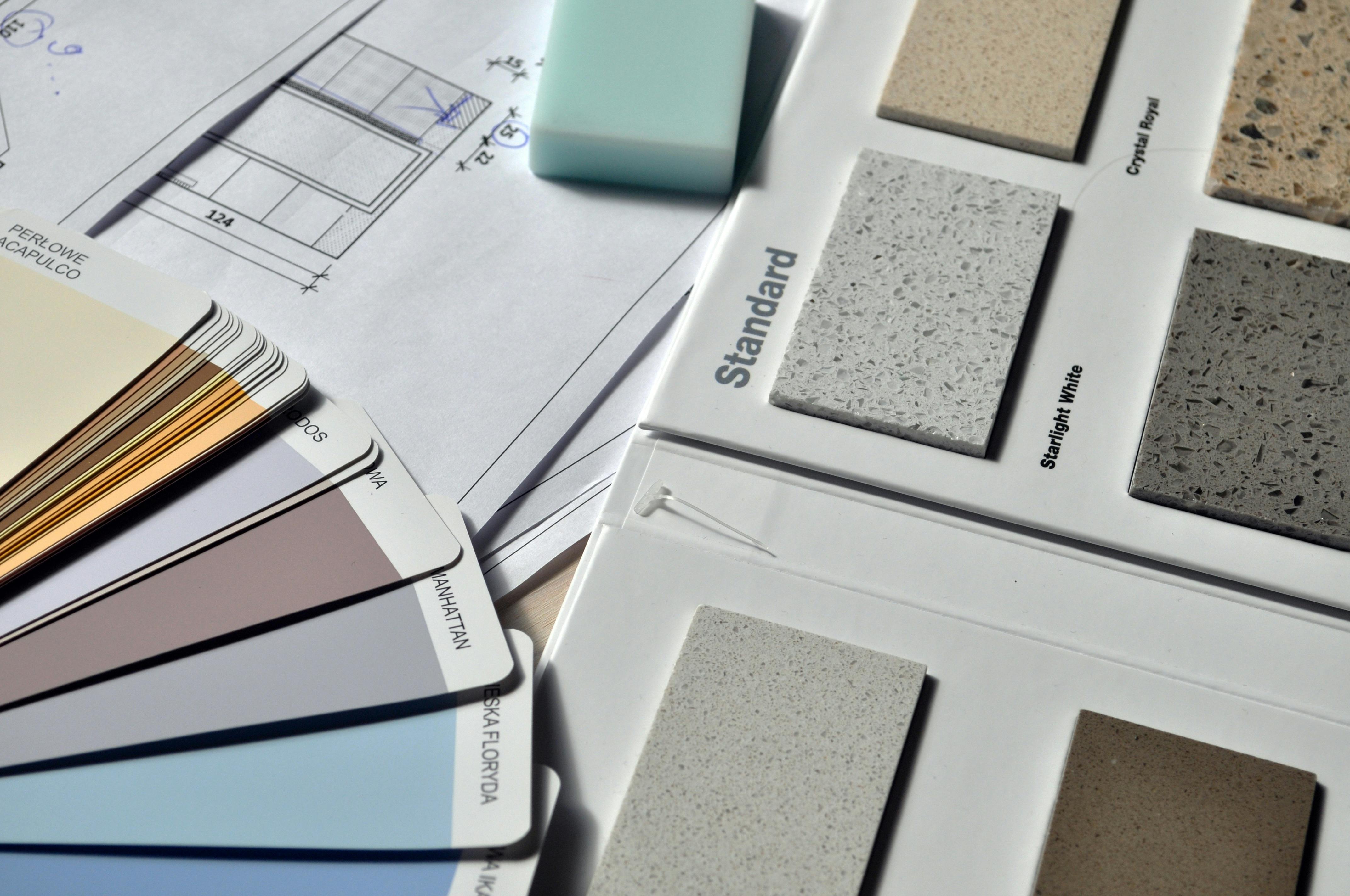 Interior design color palette and material samples