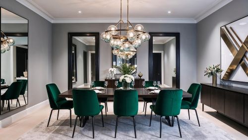 Luxury dining room with elegant chandelier and upscale furniture